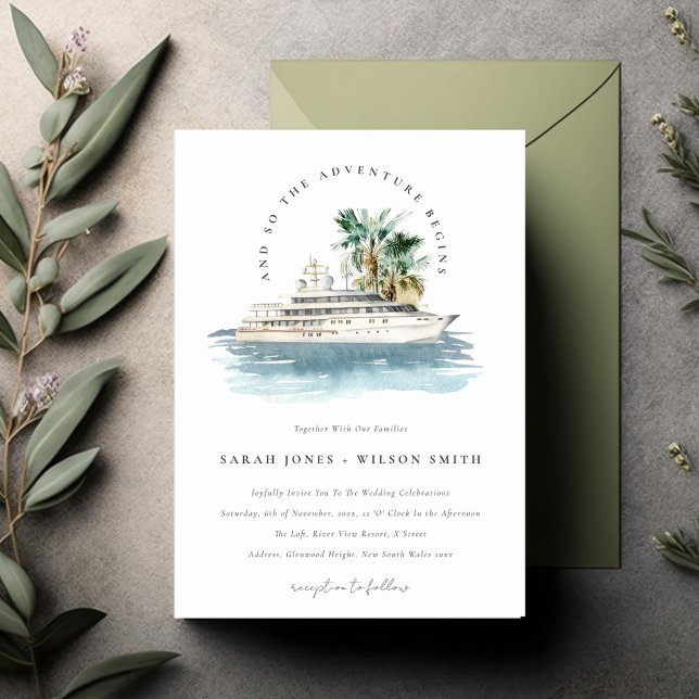 Elegant Dusky Cruise Ship Palm Seascape Wedding  Invitation (Creator Uploaded)