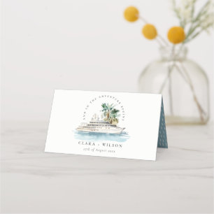 Elegant Dusky Cruise Ship Palm Seascape Wedding Place Card