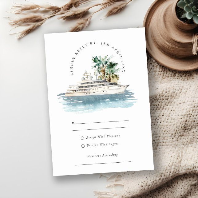 Elegant Dusky Cruise Ship Palm Seascape Wedding RSVP Card (Creator Uploaded)
