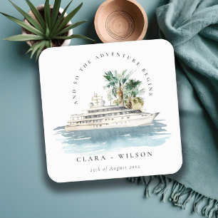 Elegant Dusky Cruise Ship Palm Seascape Wedding Square Paper Coaster