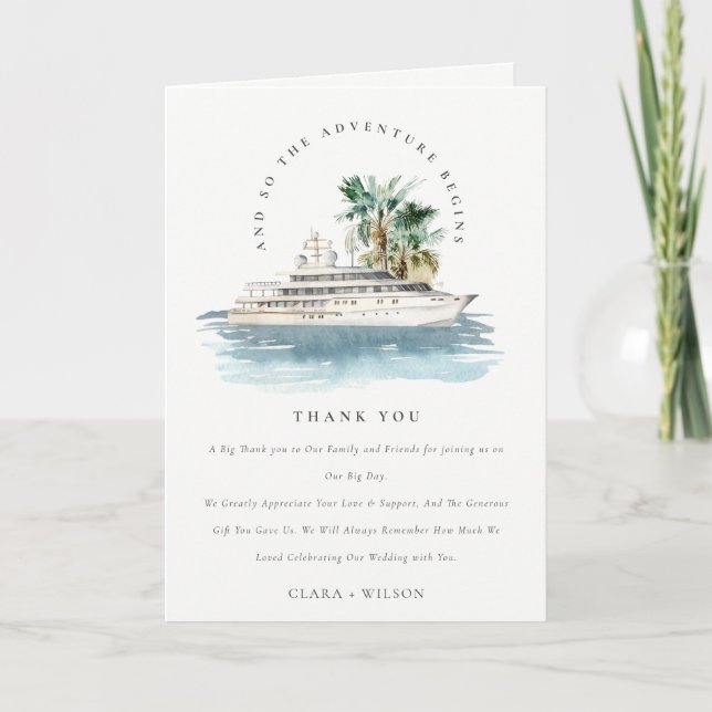 Elegant Dusky Cruise Ship Palm Seascape Wedding  Thank You Card (Front)