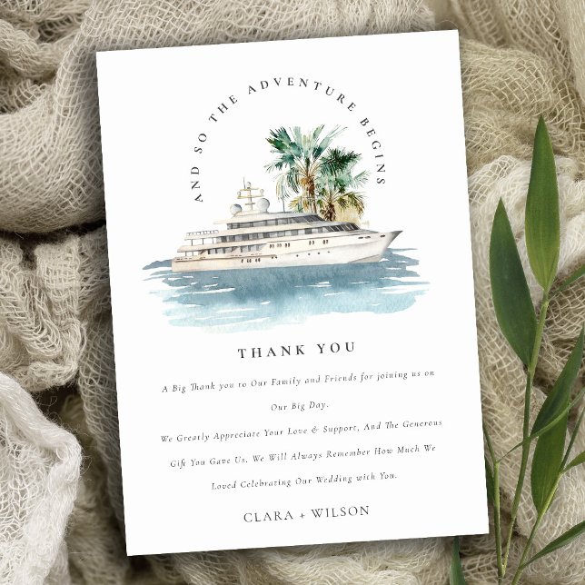 Elegant Dusky Cruise Ship Palm Seascape Wedding  Thank You Card (Creator Uploaded)