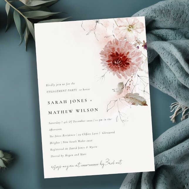 Elegant Dusky Fall Marsala Blush Floral Engagement Invitation (Creator Uploaded)
