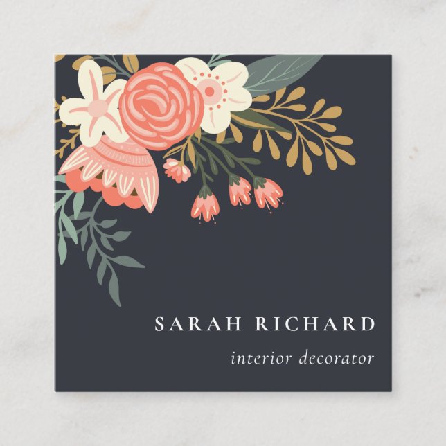 Elegant Dusky Orange Black Blush Ambrosia Floral  Square Business Card (Front)