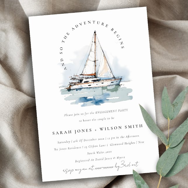 Elegant Dusky Sailboat Yacht Seascape Engagement Invitation (Creator Uploaded)