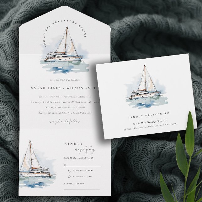 Elegant Dusky Sailboat Yacht Seascape Wedding  All In One Invitation (Creator Uploaded)