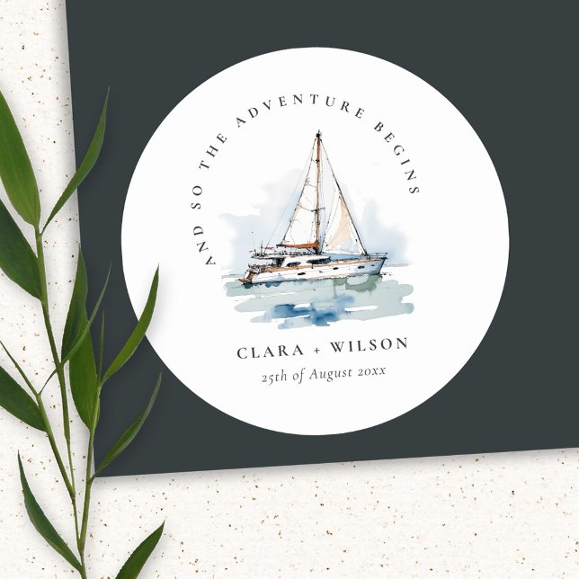 Elegant Dusky Sailboat Yacht Seascape Wedding  Classic Round Sticker (Creator Uploaded)