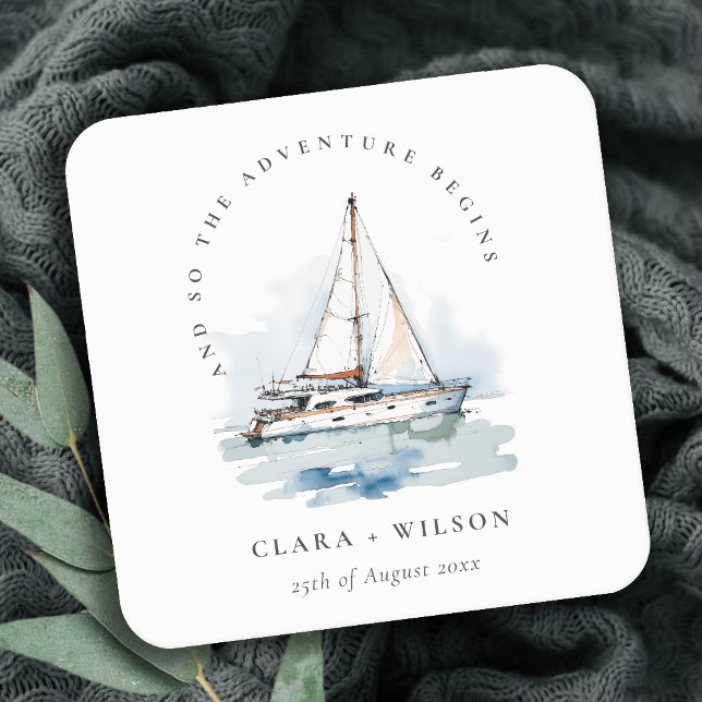 Elegant Dusky Sailboat Yacht Seascape Wedding  Square Paper Coaster (Creator Uploaded)