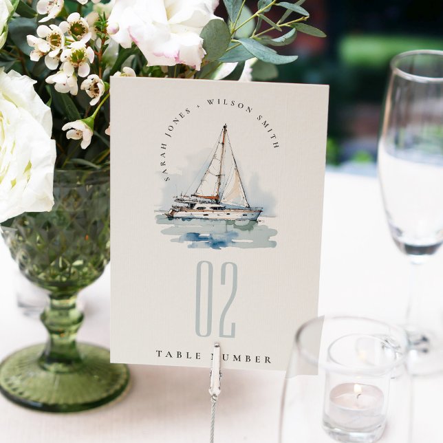 Elegant Dusky Sailboat Yacht Seascape Wedding Table Number (Creator Uploaded)