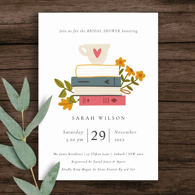 Elegant Dusky Stacked Books Floral Bridal Shower Invitation (Creator Uploaded)