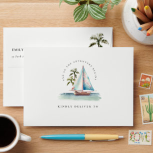 Elegant Dusky Teal Sailboat Palm Seascape Address Envelope