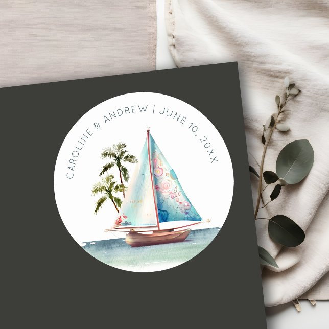 Elegant Dusky Teal Sailboat Palm Seascape Wedding Classic Round Sticker (Creator Uploaded)