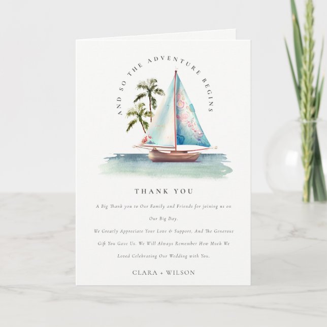 Elegant Dusky Teal Sailboat Palm Seascape Wedding  Thank You Card (Front)