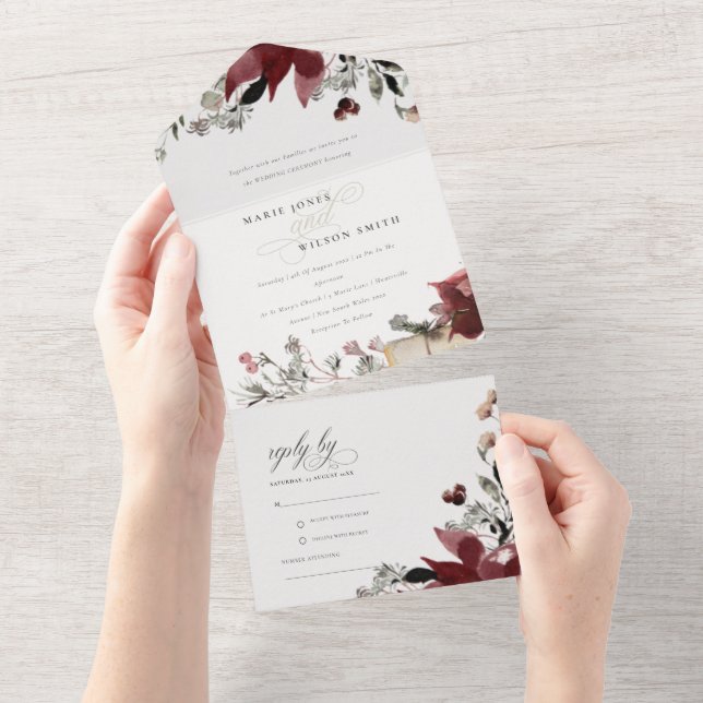 Elegant Dusky Warm Winter Festive Foliage Wedding All In One Invitation (Tearaway)