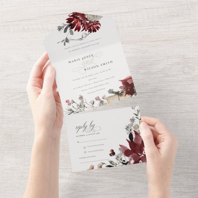 Elegant Dusky Warm Winter Festive Foliage Wedding All In One Invitation (Tearaway)