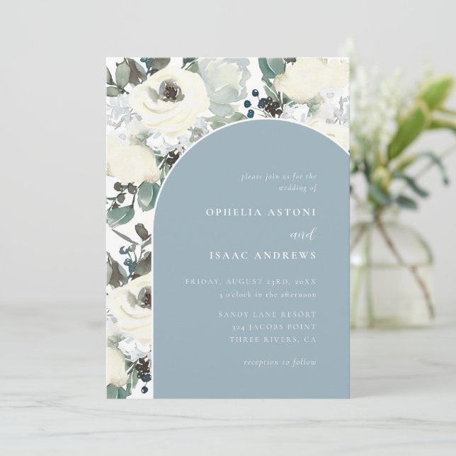 Elegant Dust Blue Watercolor Floral Arch Wedding Invitation (Standing Front)
