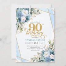 Elegant Dusty Blue 90th Birthday Floral Script 