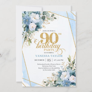 Elegant Dusty Blue 90th Birthday Floral Script Invitation