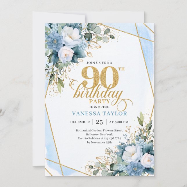 Elegant Dusty Blue 90th Birthday Floral Script  Invitation (Front)