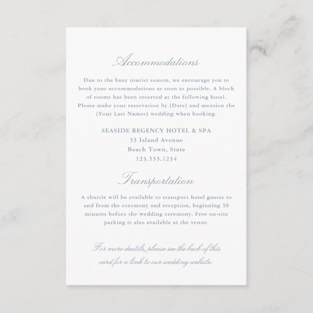 Elegant Dusty Blue Accommodations Transportation Enclosure Card (Front)