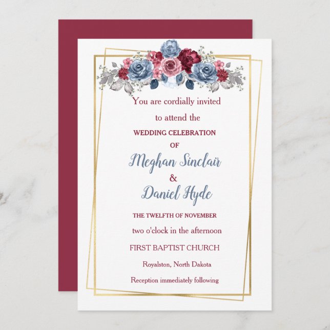 Elegant Dusty Blue and Burgundy Wedding  Invitation (Front/Back)