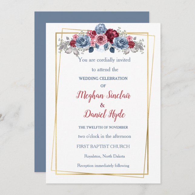 Elegant Dusty Blue and Burgundy Wedding  Invitation (Front/Back)