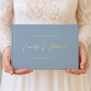 Elegant Dusty Blue and Gold Calligraphy Wedding Guest Book