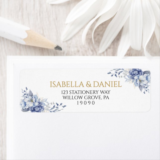 Elegant Dusty Blue and Gold Floral Return Address (Insitu)