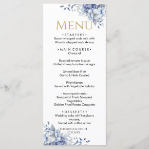 Elegant Dusty Blue and Gold Floral Wedding Dinner Menu