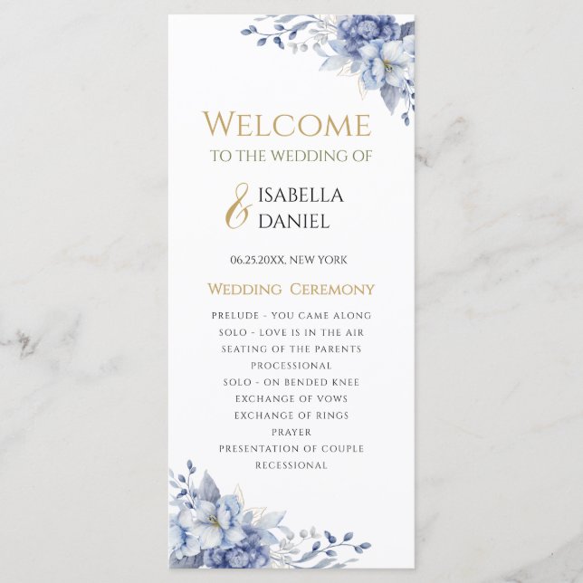 Elegant Dusty Blue and Gold Floral Wedding Programme (Front)