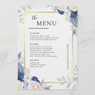 Elegant Dusty Blue and Gold Floral Wedding Table Menu