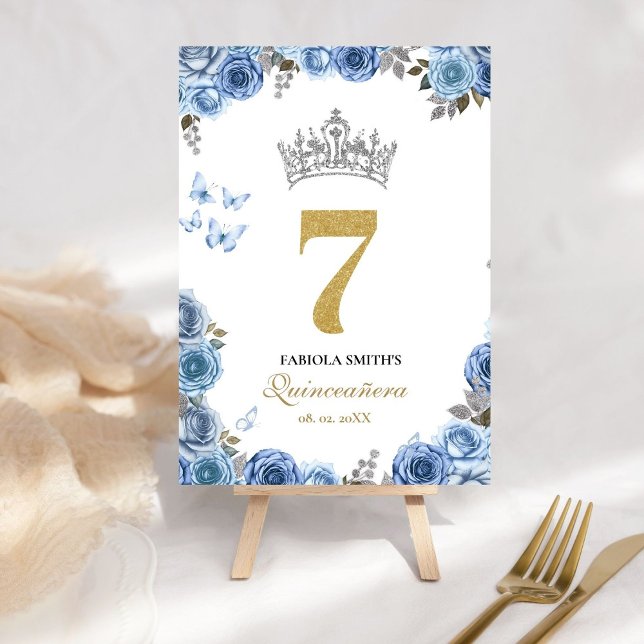 Elegant dusty blue and  gold quinceanera  table number (Creator Uploaded)