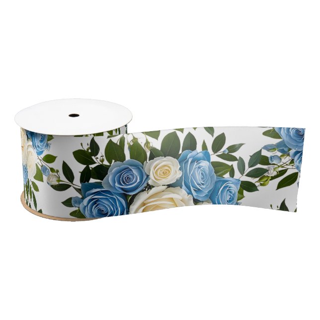 Elegant Dusty Blue and Ivory Floral Wedding Satin Ribbon (Spool)