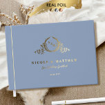 Elegant Dusty Blue and Real Foil Monogram Wedding Guest Book<br><div class="desc">Personalise this elegant monogrammed wedding guestbook featuring real gold, silver, or rose gold foil on exquisite monogram and front, spine, and back text. Dusty blue cover background colour in luxurious velvety-soft texture, and beautiful modern calligraphy details in a clean, minimal, and sleek style. Three size options with three inside paper-type...</div>