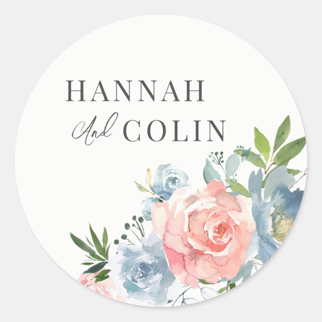 Elegant Dusty Blue and Rose Floral Swag Classic Round Sticker (Front)