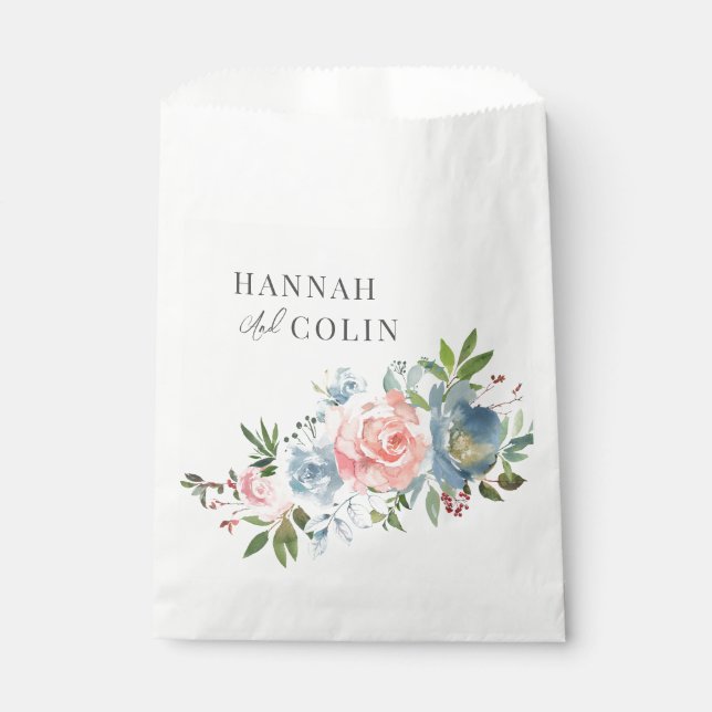 Elegant Dusty Blue and Rose Floral Swag Favour Bags (Front)
