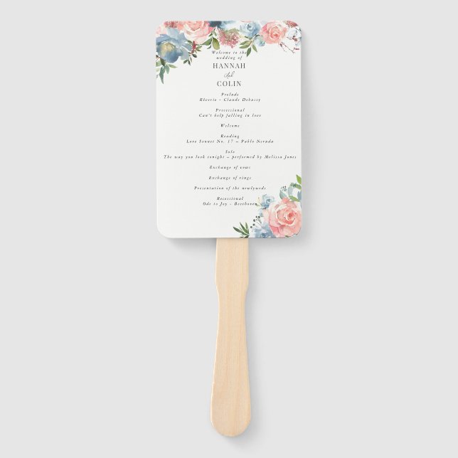Elegant Dusty Blue and Rose Floral Swag Program Hand Fan (Front)