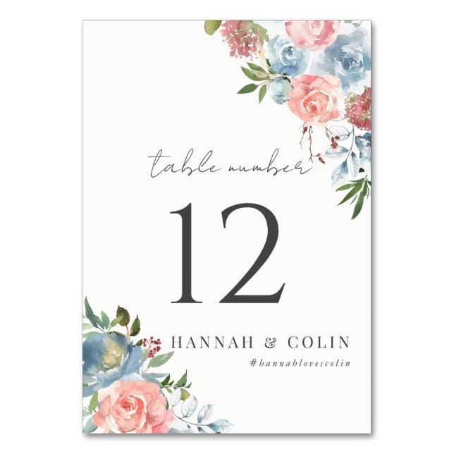 Elegant Dusty Blue and Rose Floral Swag Table Number (Front)