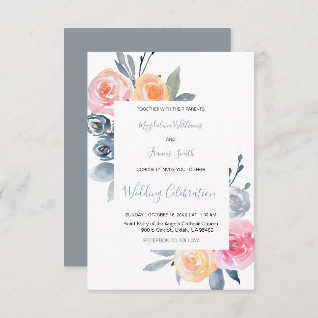 elegant dusty blue and rose pink wedding invitation (Front/Back)