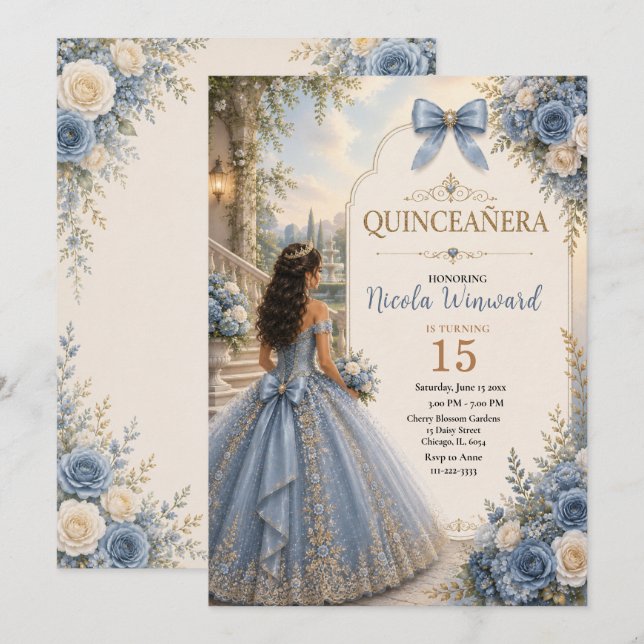 Elegant Dusty Blue and Silver Quince Invitation (Front/Back)