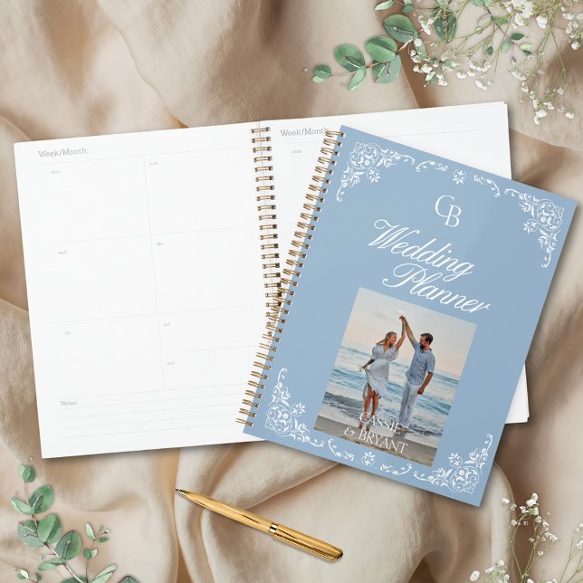 Elegant Dusty Blue and White Chic Wedding Planner (elegant dusty blue wedding planner notebook calendar style with engagement photo and monogram border)