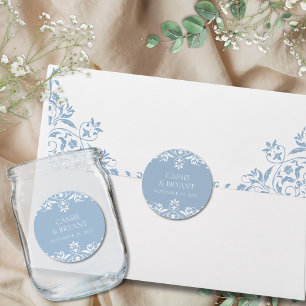 Elegant Dusty Blue and White Minimal Wedding Classic Round Sticker