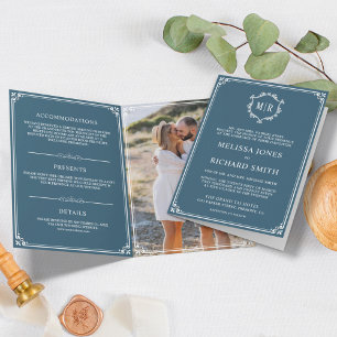 Elegant Dusty Blue and White Monogram Wedding Invitation