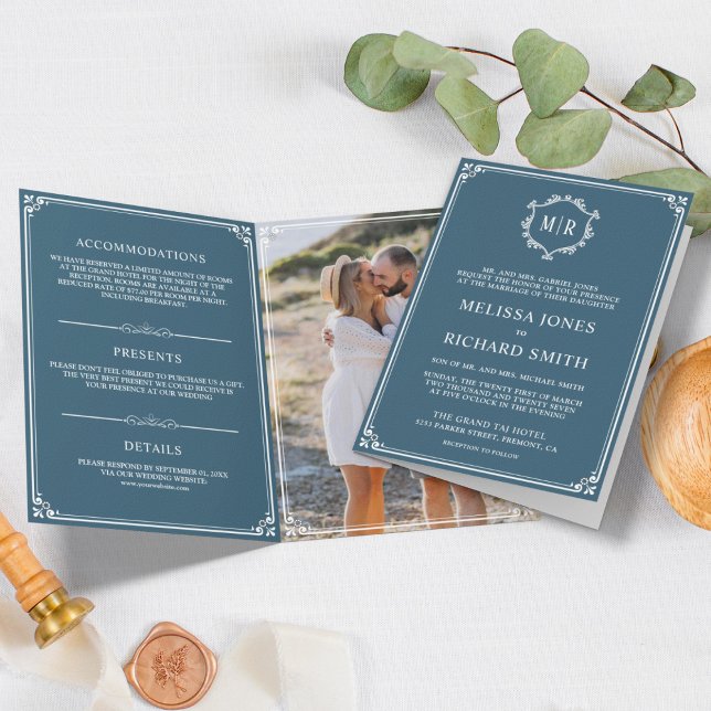 Elegant Dusty Blue and White Monogram Wedding Invitation (Creator Uploaded)