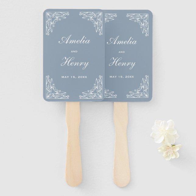 Elegant Dusty Blue and White Ornate Border Wedding Hand Fan (Front and Back)