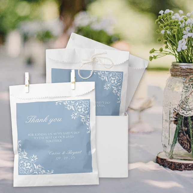 Elegant Dusty Blue and White Wedding Thank You Favour Bags (elegant dusty blue and white wedding favor bags for bridal party or thank you gifts for guests)