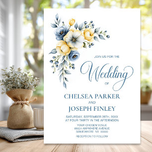 Elegant Dusty Blue and Yellow Floral Wedding Invitation