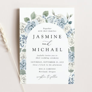 Elegant Dusty Blue Arch Floral Frame Wedding Invitation