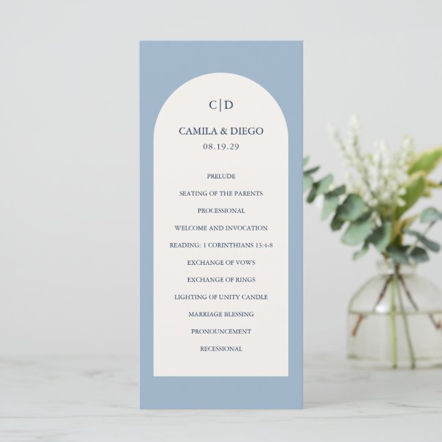 Elegant Dusty Blue Arch Modern Wedding Programme (Standing Front)