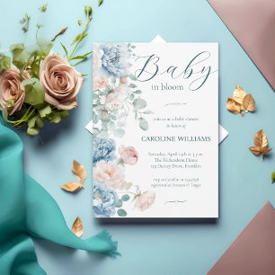 Elegant Dusty Blue Baby In Bloom Girl Baby Shower Invitation